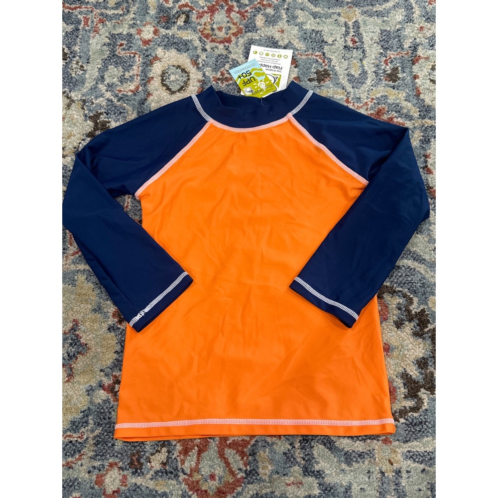 Flap Happy Rash Guard Boys 6X/7 Orange Navy Solid Bright UPF 50+ NWT